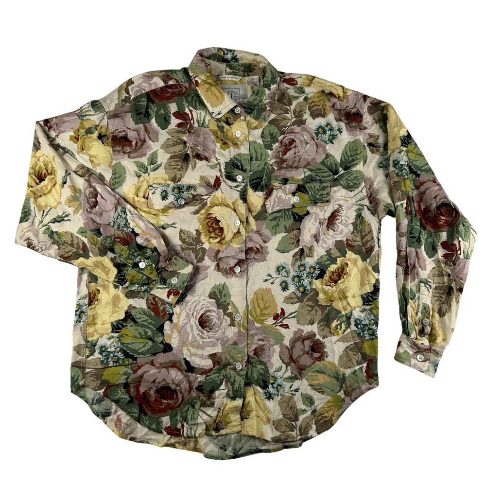 First Issue Button Up Shirt Womens M Long Sleeve Floral Rayon Wool Cottagecore